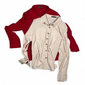 Oversized Button-Down Blouse Set Cream + Red Tortoiseshell Buttons Size S